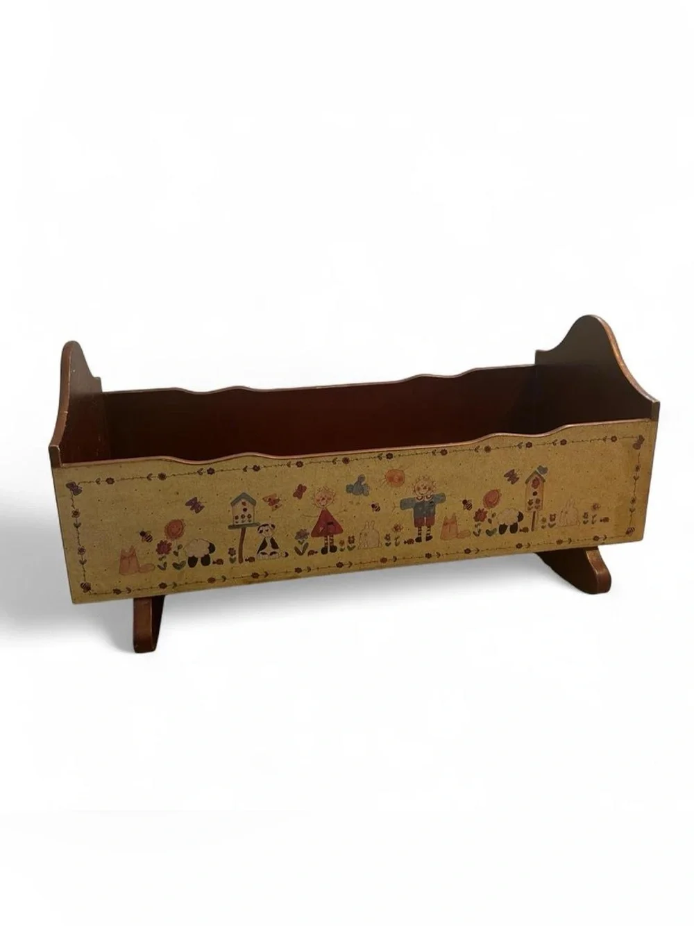 Vintage 90s Country Folk Art Wooden Rocking Doll Cradle Bed